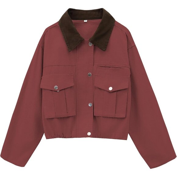 Jackets & Blazers - Women's Red Cropped Contrast Collar Utility Coat Cargo Jacket Imported